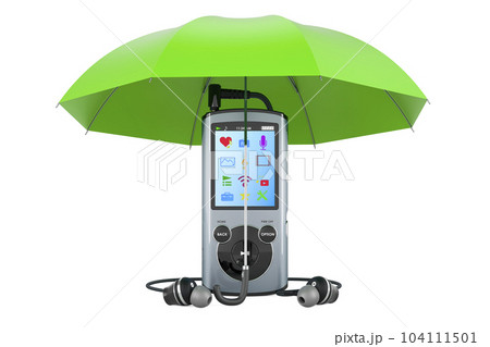Digital audio player under umbrella, 3D rendering Digital audio player under umbrella, 3D rendering 104111501