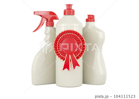 Detergent, cleaning products with best choice badge, 3D rendering Detergent, cleaning products with best choice badge, 3D rendering 104111523