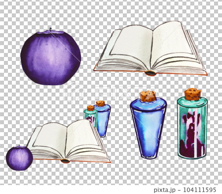 Set of watercolor illustrations for halloween. Composition of a book, candles and potions. Hand drawing for your design Set of watercolor illustrations for halloween. Composition of a book, candles and potions. Hand drawing for your design 104111595