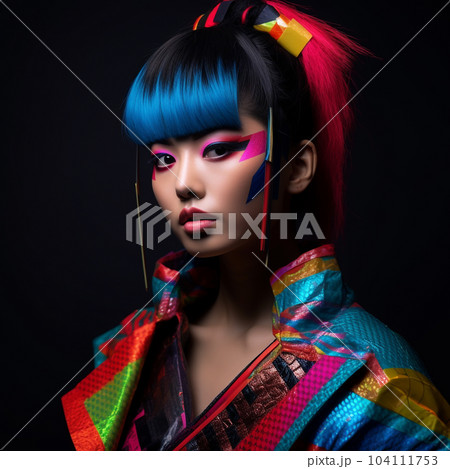 Portrait of a beautiful girl with fantasy colorful make-up and creative hairstyle. Art Fashion Portrait of a beautiful asian woman with bright make-up. AI generated 104111753