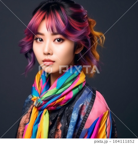 Portrait of beautiful asian girl with long hair and  bright makeup, strands dyed in colorful colors. Beautiful young japanese girl with bright makeup and colorful clothes. Asian beauty. AI generated 104111852