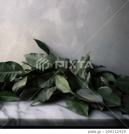 Empty table background with green leaves, botanical product placement background Empty table background with green leaves, botanical product placement background 104112429