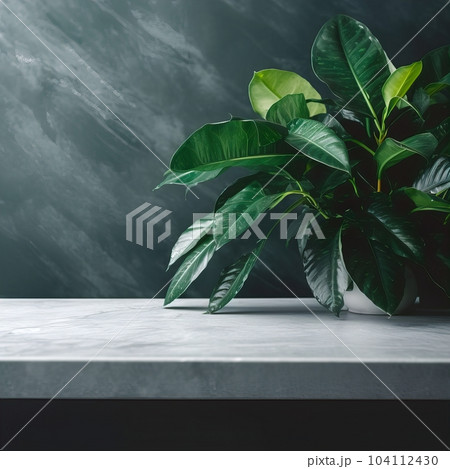 Empty table background with green leaves, botanical product placement background Empty table background with green leaves, botanical product placement background 104112430
