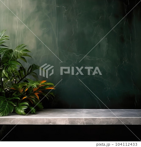 Empty table background with green leaves, botanical product placement background Empty table background with green leaves, botanical product placement background 104112433