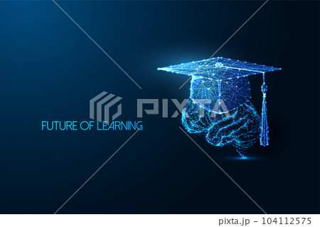 Neuroscience, future of learning futuristic concept with graduation cap and brain on blue background 104112575