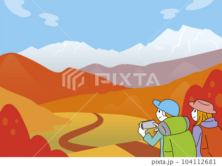 紅葉した山並みと若い男女の登山者 秋の風景 紅葉した山並みと若い男女の登山者 秋の風景 104112681