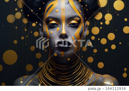 Beautiful portrait of dark skinned woman with golden make up AI 104112938