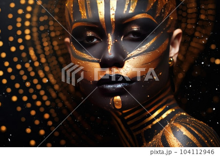 Beautiful portrait of dark skinned woman with golden make up AI 104112946