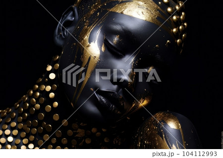 Beautiful portrait of dark skinned woman with golden make up AI 104112993
