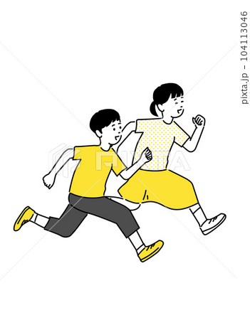 笑顔で走る男の子と女の子のイラスト、ベクター 104113046