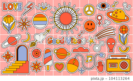 Set of hipster retro cool psychedelic elements. Collection stickers of groovy cliparts from the 70s 60s. Collage with trendy pop vibe with funky design element. Abstract background of cartoon sticker Set of hipster retro cool psychedelic elements. Collection stickers of groovy cliparts from the 70s 60s. Collage with trendy pop vibe with funky design element. Abstract background of cartoon sticker 104113264