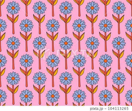 groovy background. Seamless bright repeat pattern of simple blooming flowers in 1970s psychedelic hippie style. graphic decor ornament in retro design. vector illustration 104113265