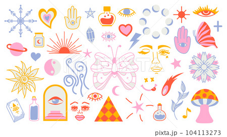 Magic background groovy in retro trend style with clipart elements. mystical vector isolated pattern. editable stroke clipart stickers. Esoteric element witchcraft. Collection of occult symbols y2k 104113273