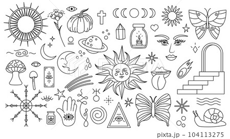 Magic background in retro style with hand drawn elements. Decorative mystical vector isolated pattern. editable stroke stickers. Esoteric element in minimalism. Collection of occult symbols tattoo art Magic background in retro style with hand drawn elements. Decorative mystical vector isolated pattern. editable stroke stickers. Esoteric element in minimalism. Collection of occult symbols tattoo art 104113275