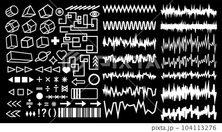 Collection of brutalism simple geometric form elements. A set of different acid base shapes and textures for templates. Modern memphis style. Digital retro rave background. Vector editable stroke 104113276