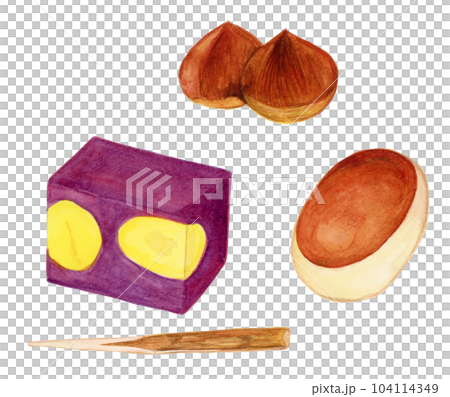 Hand drawn watercolor chestnut steamed yokan and chestnut bun and chestnut set illustration 104114349
