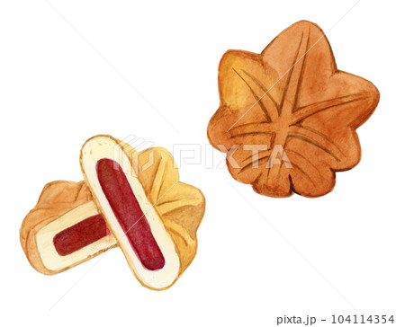 手描き水彩の美味しそうなもみじ饅頭のイラスト 104114354