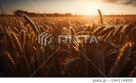 Wheat in open field against sun, industrial product design, rural background. Harvest time Wheat in open field against sun, industrial product design, rural background. Harvest time 104114809