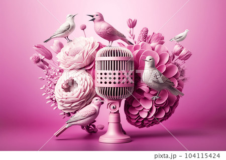 Golden metal microphone decorated with pink flowers and small birds of paradise, pink pastel background, copy space 104115424