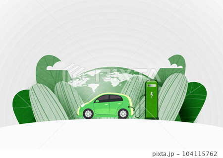 Green electric car charging at the charger station on the street with green earth  in the background. Sustainable energy and Alternative Energy concept, Vector illustration. 104115762