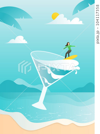 A woman surfing on a cocktail glass. 104117358
