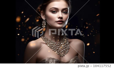 ゴージャスなジュエリー・宝石・アクセサリーをつけた白人のモデル女性（黒・Generative AI） 104117552