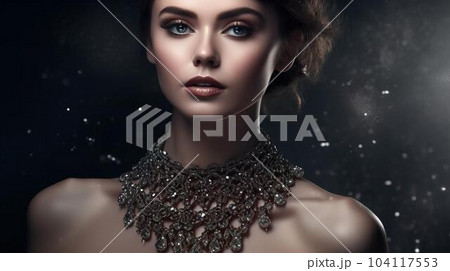 ゴージャスなジュエリー・宝石・アクセサリーをつけた白人のモデル女性（黒・Generative AI） 104117553