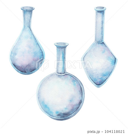 Set glass flask potion isolated on white background. Watercolor hand drawn magic chemical illustration. Art for design Set glass flask potion isolated on white background. Watercolor hand drawn magic chemical illustration. Art for design 104118021