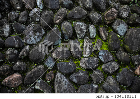 丸い石を積みあげた壁に鮮やかな緑色の苔が生えている 104118311