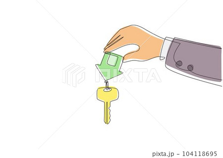 Single continuous line drawing for rent house, concept. Real estate agent holds the key from the home. Template for sale, rent home, mortgage. Dynamic one line draw graphic design vector illustration Single continuous line drawing for rent house, concept. Real estate agent holds the key from the home. Template for sale, rent home, mortgage. Dynamic one line draw graphic design vector illustration 104118695