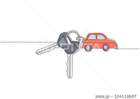 Single one line drawing keys with car shaped key holders. Keychain with key ring, two keys and pendant car locket. Keychain with car with locket vector icon. Continuous line draw design graphic vector Single one line drawing keys with car shaped key holders. Keychain with key ring, two keys and pendant car locket. Keychain with car with locket vector icon. Continuous line draw design graphic vector 104118697