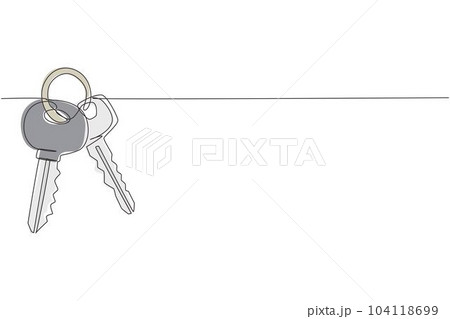 Single continuous line drawing bunch of keys icon. House apartment rental for sale concept. The concept of privacy, security and protection. Dynamic one line draw graphic design vector illustration Single continuous line drawing bunch of keys icon. House apartment rental for sale concept. The concept of privacy, security and protection. Dynamic one line draw graphic design vector illustration 104118699