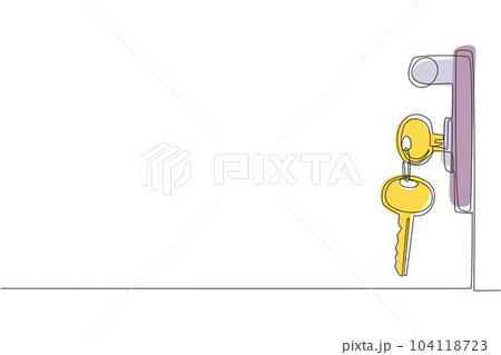 Continuous one line drawing keys in door lock. Mortgage, credit or property concept. Sale and rent of apartments. Buying a house. Sale and purchase concept. Single line draw design vector graphic 104118723