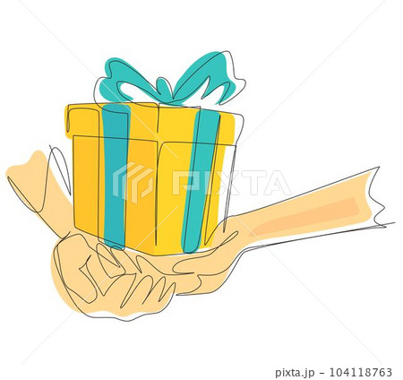 Continuous one line drawing female hands holding beautiful small gift wrapped with ribbon. Romantic surprise. Birthday presents cardboard box with ribbon. Single line draw design vector illustration 104118763