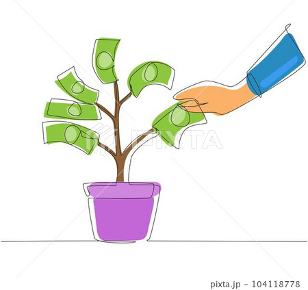 Single continuous line drawing hand pick up dollar banknote from money tree. Hand of businessman who pours money tree. Concept of earnings, success in work, money. Dynamic one line draw graphic design 104118778