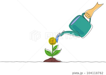 Continuous one line drawing hand holding watering can watering money plant at ground. Hand of businessman who pours money tree. Concept of earnings, success, money. Single line draw design vector Continuous one line drawing hand holding watering can watering money plant at ground. Hand of businessman who pours money tree. Concept of earnings, success, money. Single line draw design vector 104118782