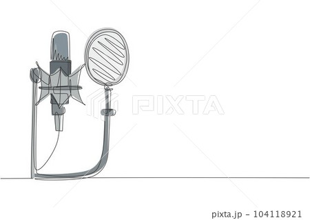 Single one line drawing technology object, sound recording equipment concept. Studio silver microphone and black pop shield on mic stand. Modern continuous line draw design graphic vector illustration 104118921