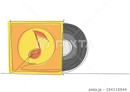 Continuous one line drawing Realistic vinyl record with cover mockup. Typography with headphones and sound wave. Music collection. Front view. Single line draw design vector graphic illustration 104118944