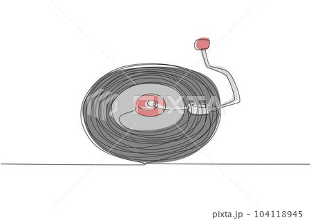Single one line drawing vinyl record music poster design template with phonograph record vintage retro style. Isometric vinyl record music. Modern continuous line design graphic vector illustration Single one line drawing vinyl record music poster design template with phonograph record vintage retro style. Isometric vinyl record music. Modern continuous line design graphic vector illustration 104118945