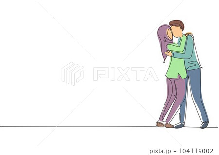 Single one line drawing dominant relationship. Romantic Arab couple in love kissing and hugging. Happy man and woman celebrating wedding anniversary. Modern continuous line draw design graphic vector 104119002
