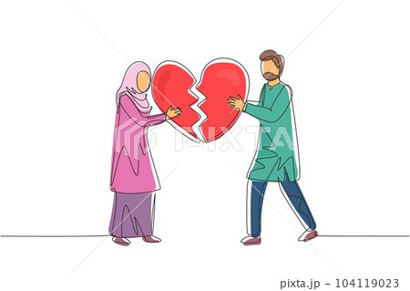 Single one line drawing heartbroken Arabic couple parting, divorce. Sad young man and woman trying to put together parts of broken heart. Modern continuous line draw design graphic vector illustration Single one line drawing heartbroken Arabic couple parting, divorce. Sad young man and woman trying to put together parts of broken heart. Modern continuous line draw design graphic vector illustration 104119023