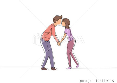 Single continuous line drawing romantic of male and female couple with lips locked in kiss. Happy cute couple lovers kissing and holding hands. Dynamic one line draw graphic design vector illustration Single continuous line drawing romantic of male and female couple with lips locked in kiss. Happy cute couple lovers kissing and holding hands. Dynamic one line draw graphic design vector illustration 104119115