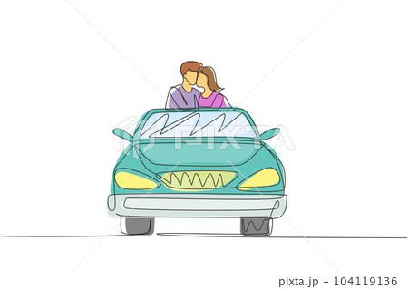 Single one line drawing happy couple on road trip in vintage retro car. Man and woman in vehicle. Married couple romantic relationship. Modern continuous line draw design graphic vector illustration Single one line drawing happy couple on road trip in vintage retro car. Man and woman in vehicle. Married couple romantic relationship. Modern continuous line draw design graphic vector illustration 104119136