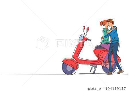Single continuous line drawing scooter, travel, couple, adventure, ride concept. Family couple travel by scooter. Happy man and woman ride motorcycle. One line draw graphic design vector illustration Single continuous line drawing scooter, travel, couple, adventure, ride concept. Family couple travel by scooter. Happy man and woman ride motorcycle. One line draw graphic design vector illustration 104119137