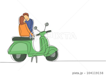 Single continuous line drawing couple on date outdoors, girlfriend and boyfriend with motorcycle, amorous relationship. Romantic road trip, journey. One line draw graphic design vector illustration Single continuous line drawing couple on date outdoors, girlfriend and boyfriend with motorcycle, amorous relationship. Romantic road trip, journey. One line draw graphic design vector illustration 104119138