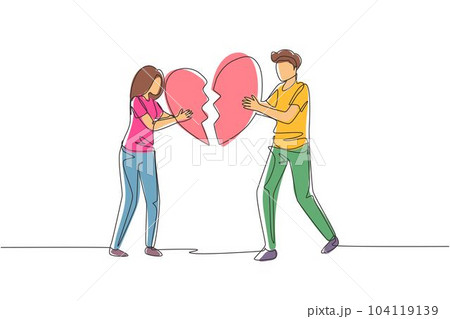 Single one line drawing heartbroken couple parting, divorce. Sad young man and woman trying to put together parts of broken heart. Modern continuous line draw design graphic vector illustration 104119139