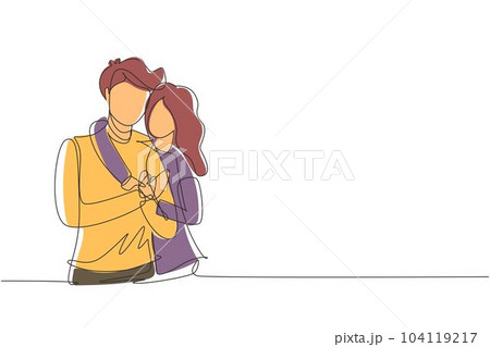 Single one line drawing lovers man and woman hug. Happy family concept. Couple in relationship in love. Happy man hugging his partner woman. Modern continuous line design graphic vector illustration 104119217