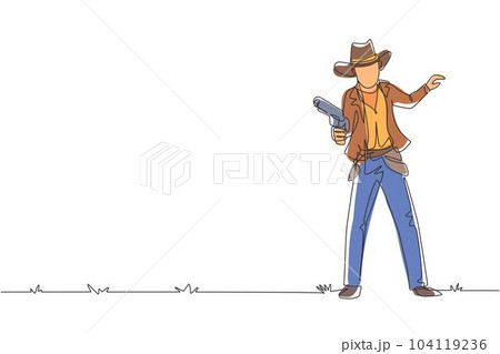 Single one line drawing smart cowboy holding his gun and aiming the guns. Wild west gunslinger style holding gun. Weapons for self-defense. Continuous line draw design graphic vector illustration 104119236