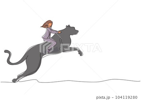 Single continuous line drawing businesswoman riding cheetah symbol of success. Business metaphor concept, looking at the goal, achievement, leadership. One line draw graphic design vector illustration Single continuous line drawing businesswoman riding cheetah symbol of success. Business metaphor concept, looking at the goal, achievement, leadership. One line draw graphic design vector illustration 104119280