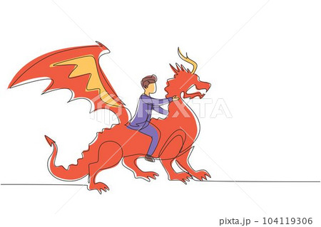 Single continuous line drawing businessman riding dragon. Conquering adversity, courage, victory, leadership in business. Professional entrepreneur. One line draw graphic design vector illustration Single continuous line drawing businessman riding dragon. Conquering adversity, courage, victory, leadership in business. Professional entrepreneur. One line draw graphic design vector illustration 104119306